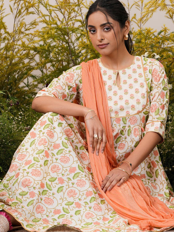 Off White Yoke Design Cotton Anarkali Suit With Dupatta