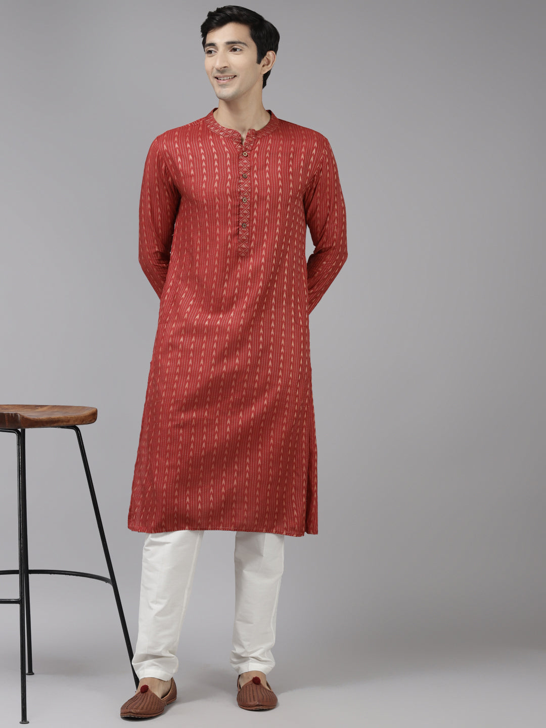 Men's Maroon & Beige Woven Design Thread Work Kurta - See Designs