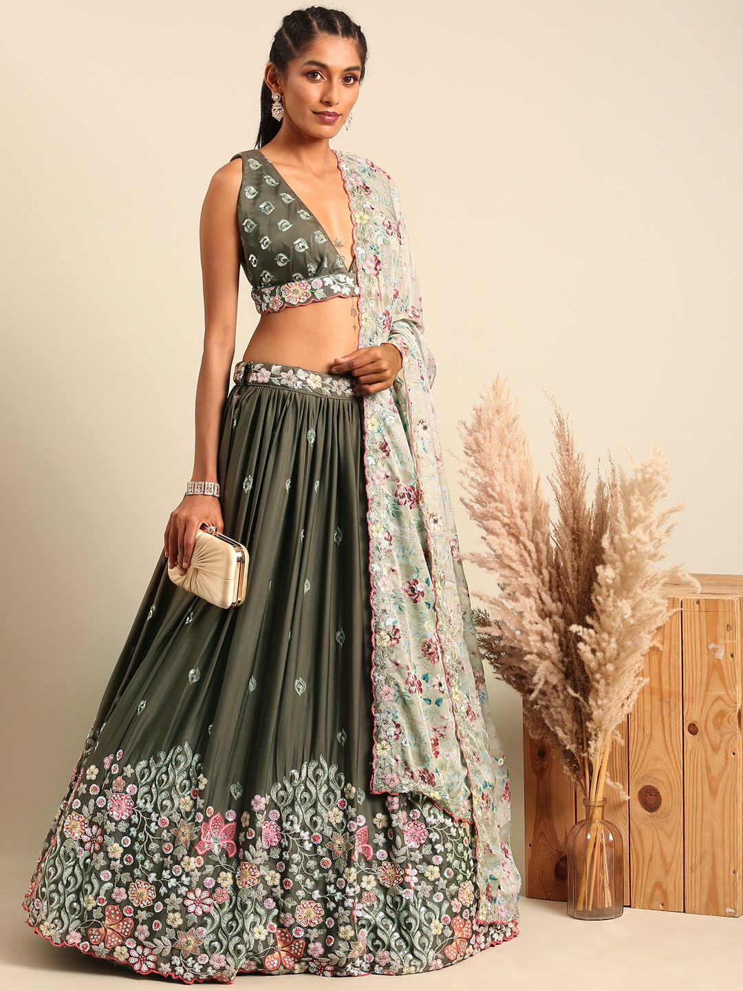 Women's Olive Chinon Sequins Embroidery  Lehenga Choli & Dupatta - Royal Dwells