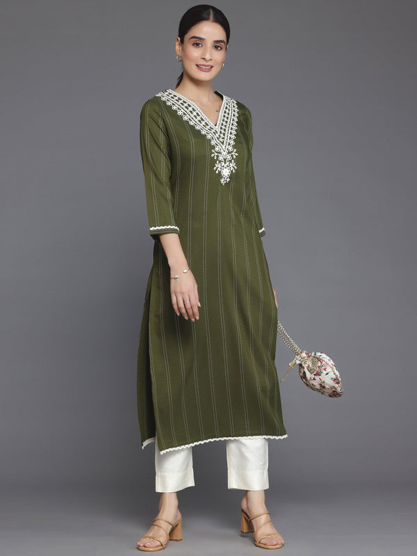 Olive Yoke Design Silk Straight Kurta - Jashvi