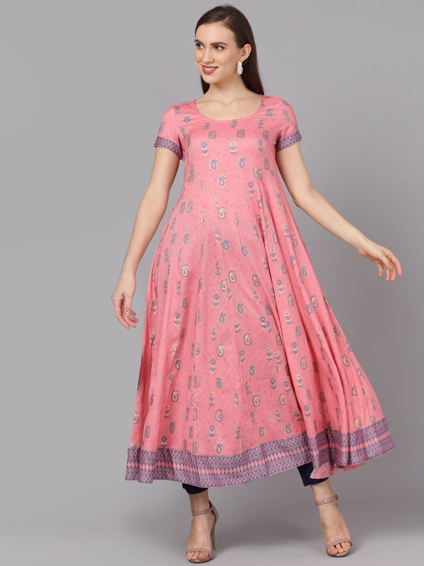 Women's  Pink & Gold-Toned Printed Anarkali Kurta - AKS