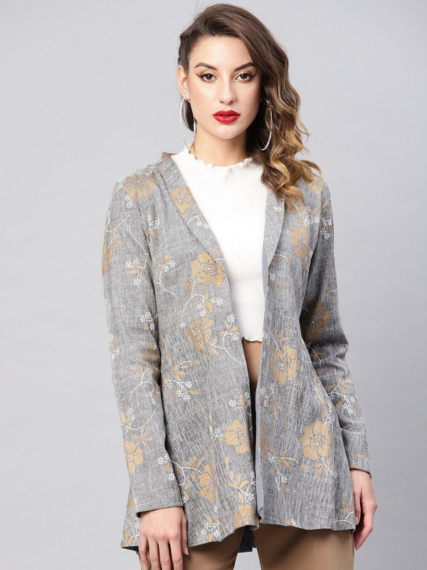 Women's  Grey & Golden Printed Front Open Blazer - AKS