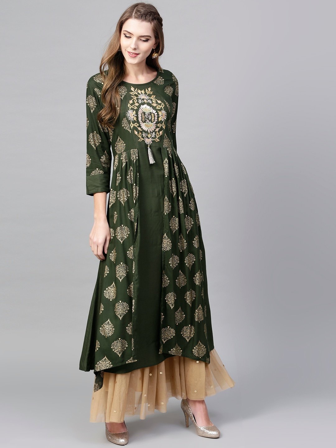 Women's Olive Green & Golden A-Line Kurta - Yufta