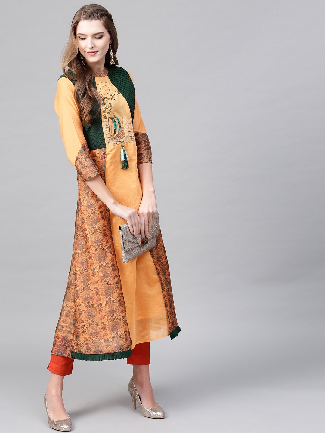 Women's Orange & Green A-Line Kurta - Yufta