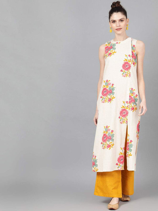 Women's  Off-White & Pink Printed Straight Kurta - AKS