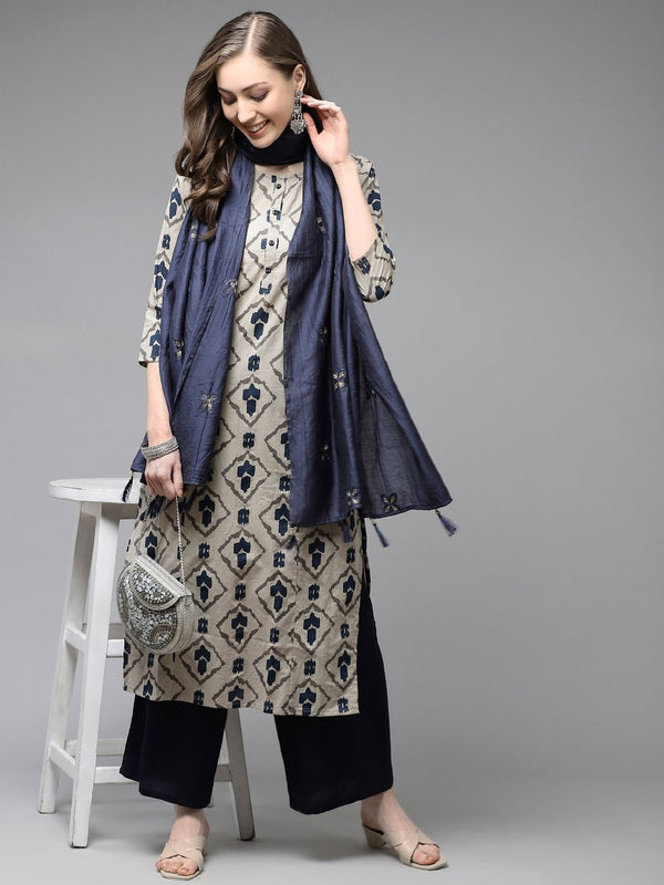 Women's Beige & Navy Blue Printed Kurta Set - Yufta