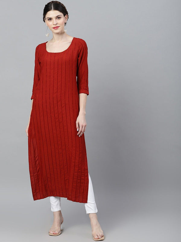 Women's  Red & Black Striped Straight Kurta - AKS