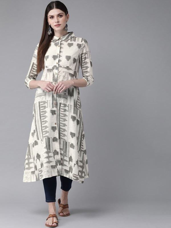 Women's  Off-White & Olive Green Printed A-Line Kurta - AKS