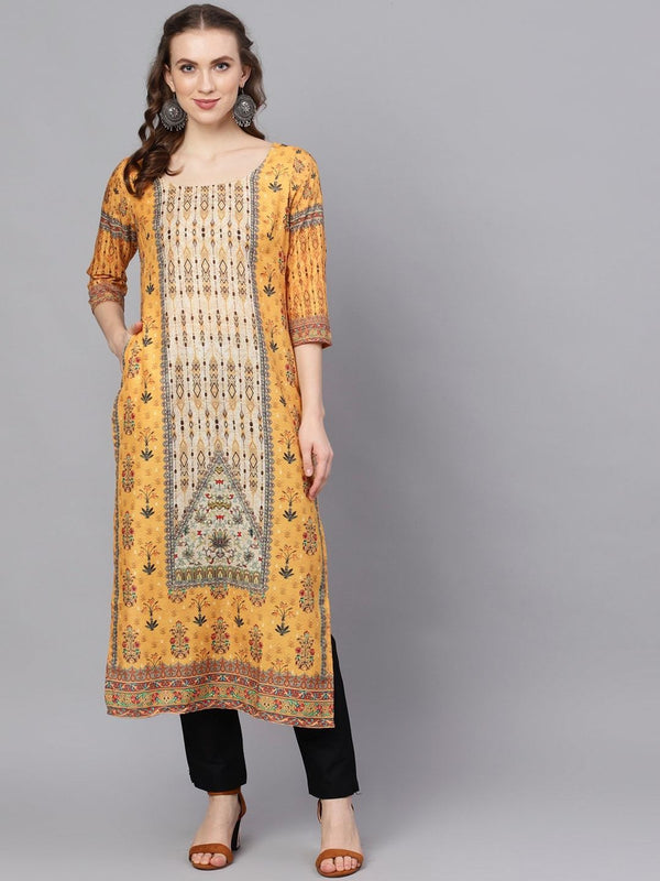 Women's  Yellow & Green Printed Straight Kurta - AKS