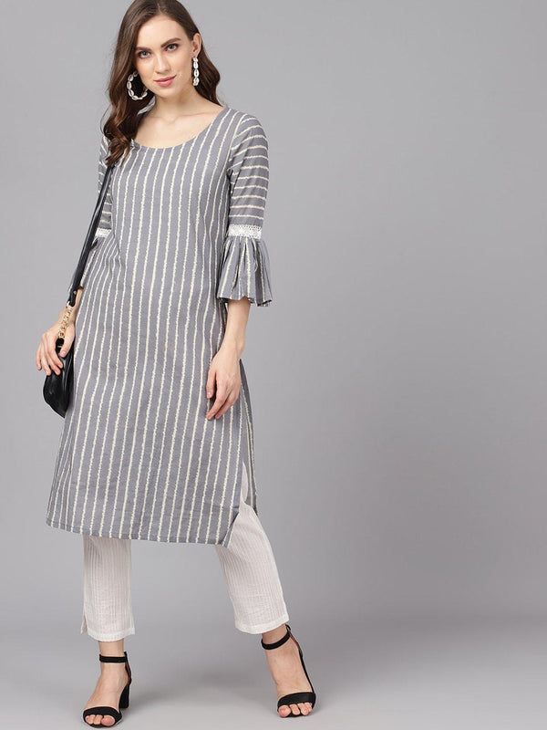 Women's  Grey & White Striped Straight Kurta - AKS