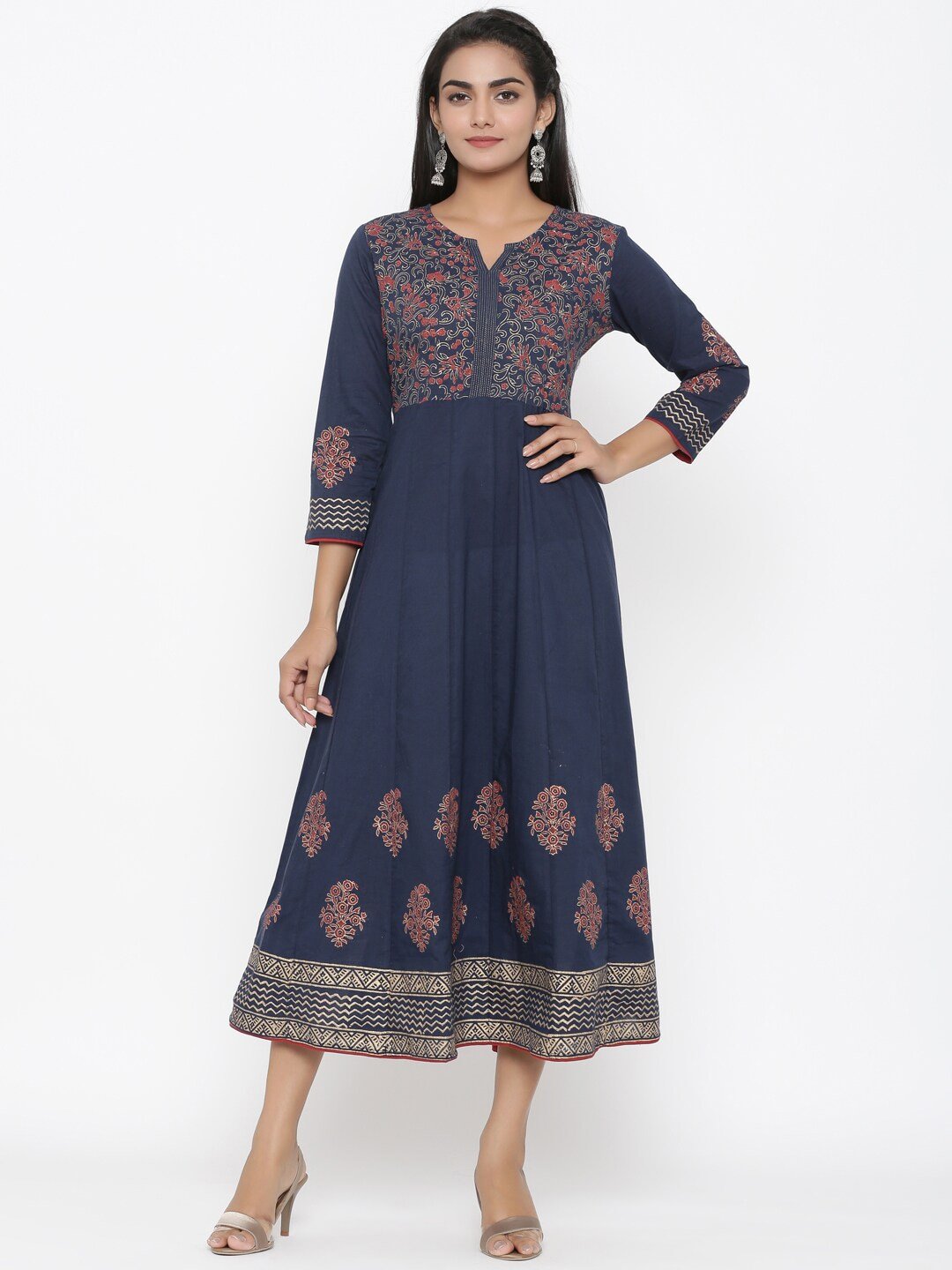 Women's Navy Blue Cotton Kurta - Yufta