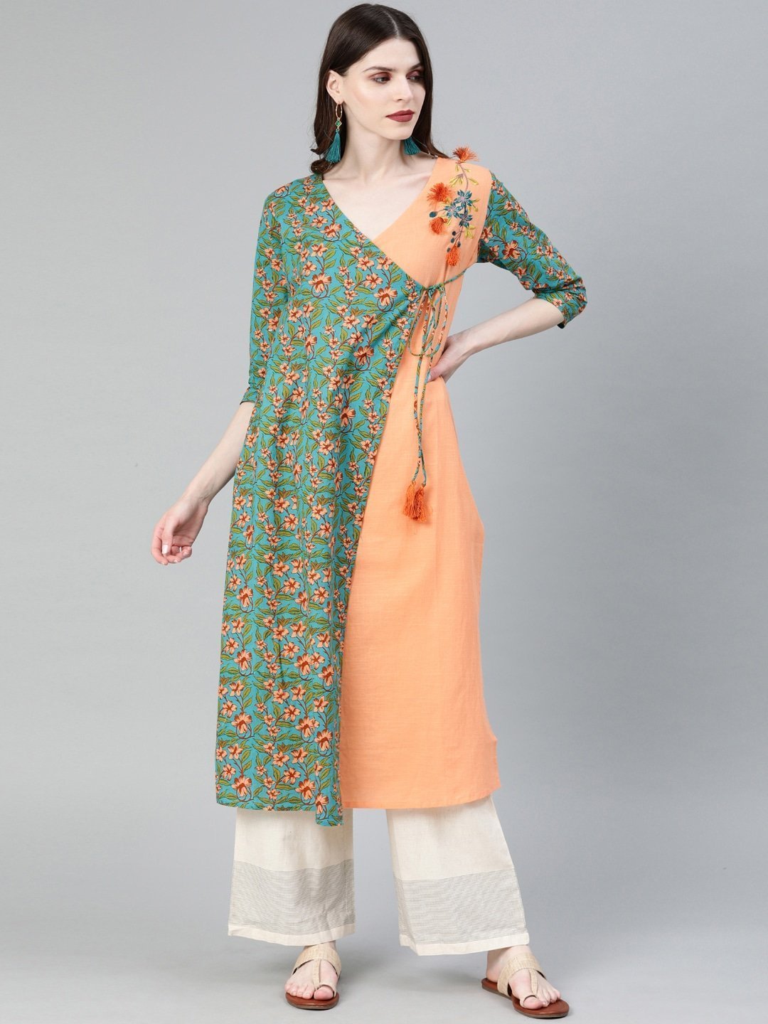 Women's Turquoise & Peach A-Line Kurta - Yufta