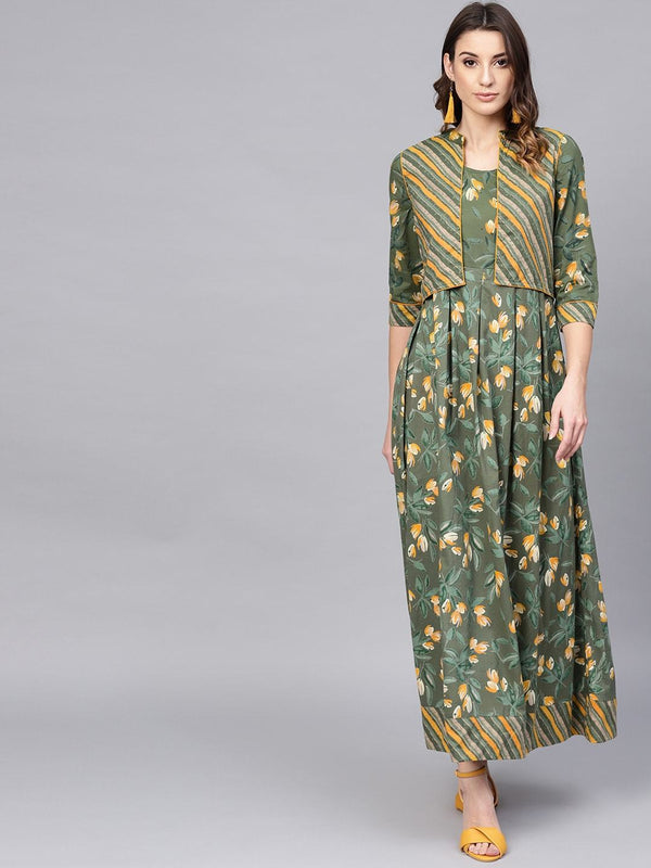 Women's  Green & Yellow Floral Printed Maxi Dress with Ethnic Jacket - AKS