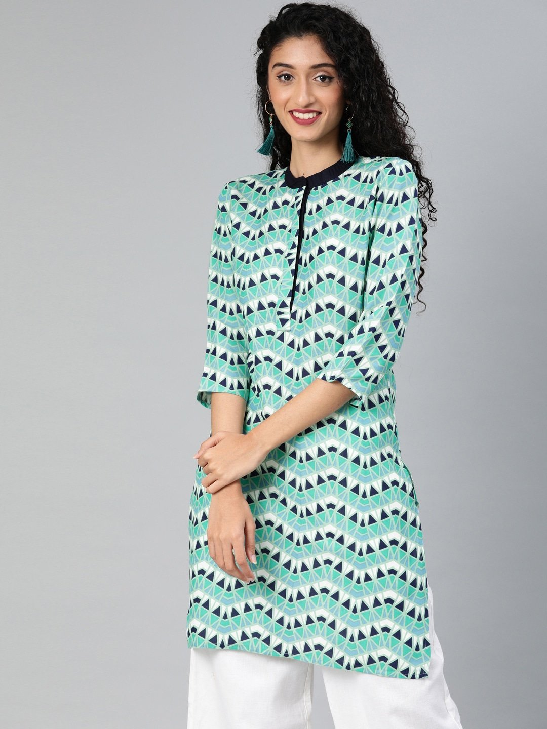 Women's Green & Navy Blue Straight Tunic - Yufta