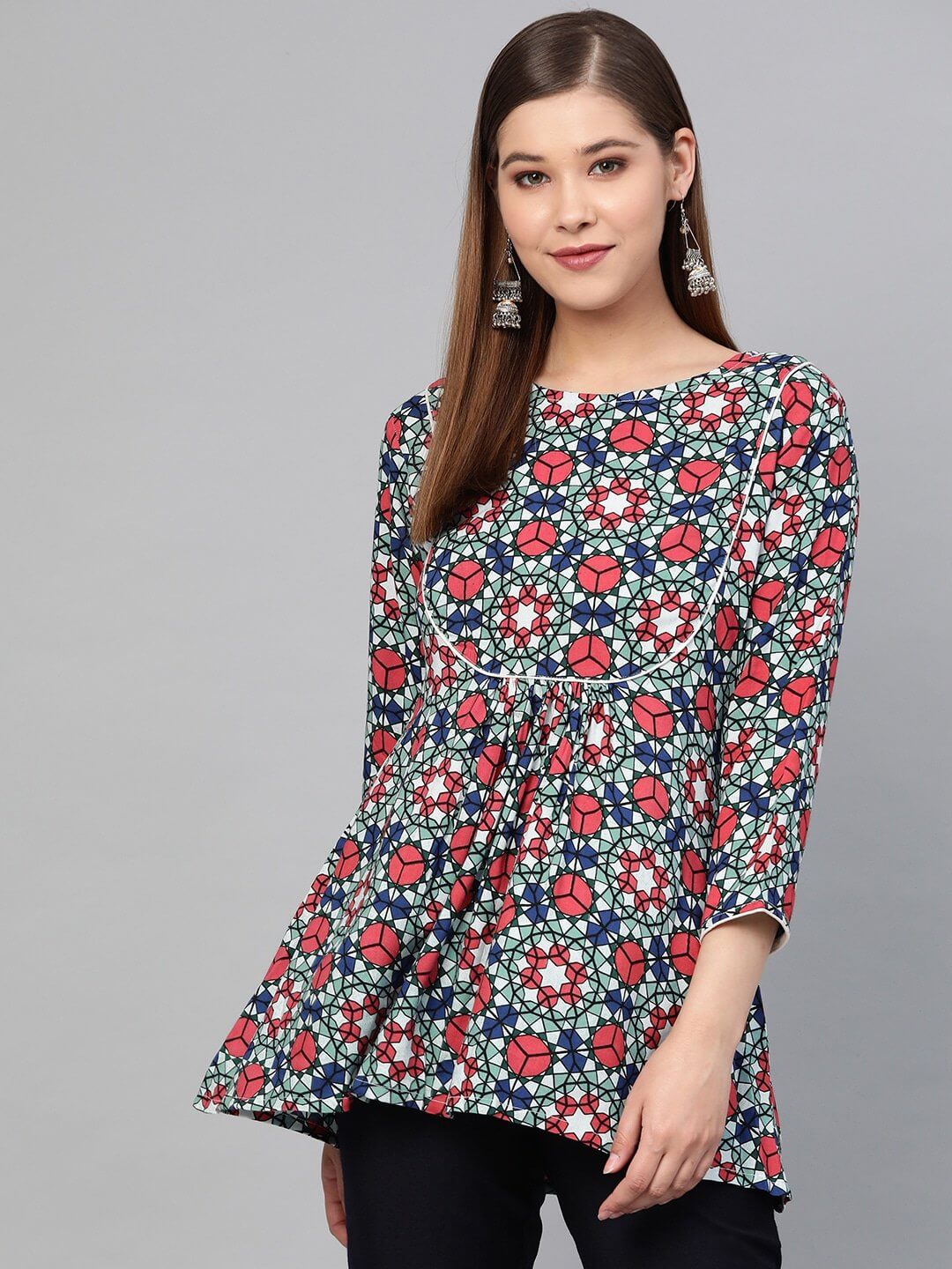 Women's Blue Printed Tunic - Yufta