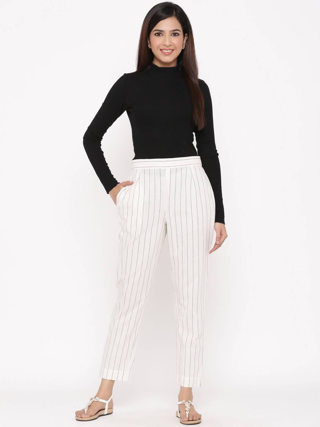 Women's Offwhite Cotton Striped Straight Pants - Juniper