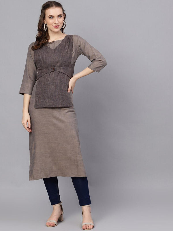 Women's  Grey & Blue Yoke Design A-Line Kurta - AKS