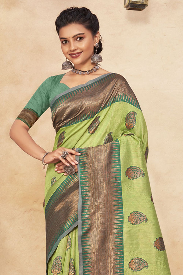 Women's Light Green Cotton Woven Zari Work Traditional Tassle Saree - Sangam Prints