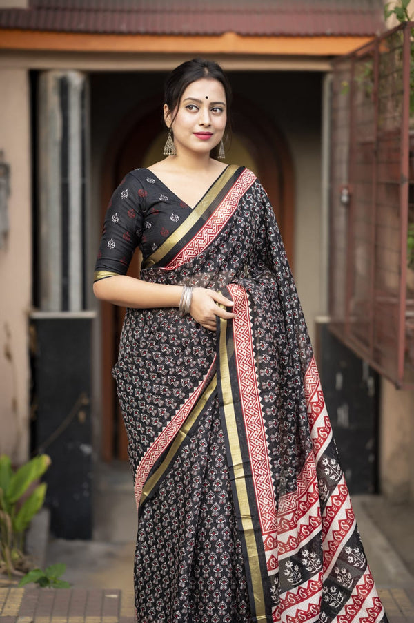 Women's Black & Yellow Kota Silk Zari Printed Saree - A2M