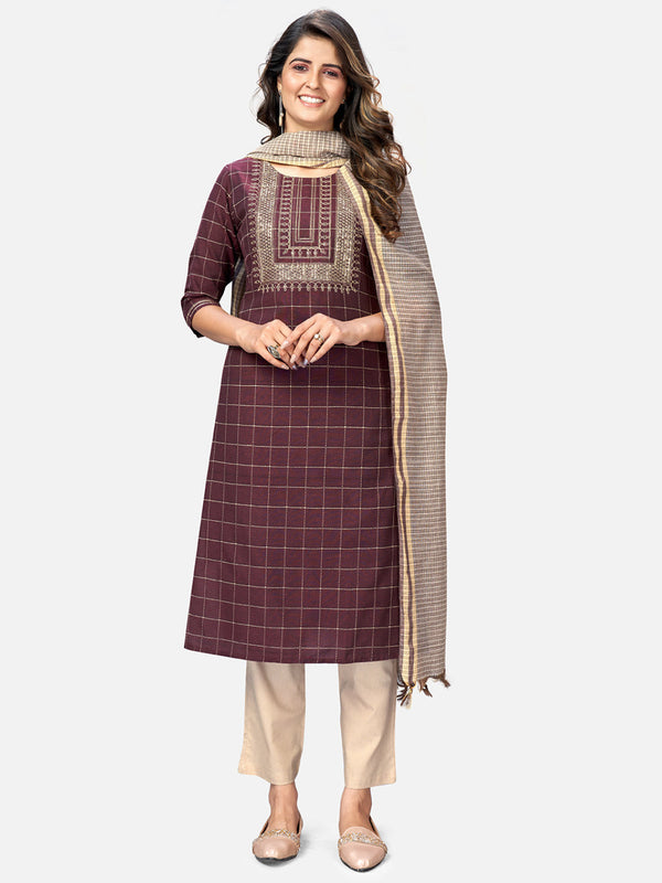 Women's Purple Cotton Kurta With  Pant & Dupatta By Vbyuz (3Pcs Set)