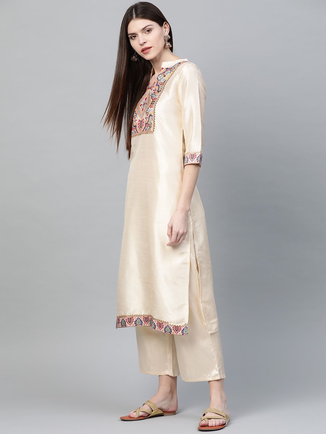 Women's Cream Colour Dyed Straight Polysilk Kurta With Palazzo / Kurta Set - Ziyaa