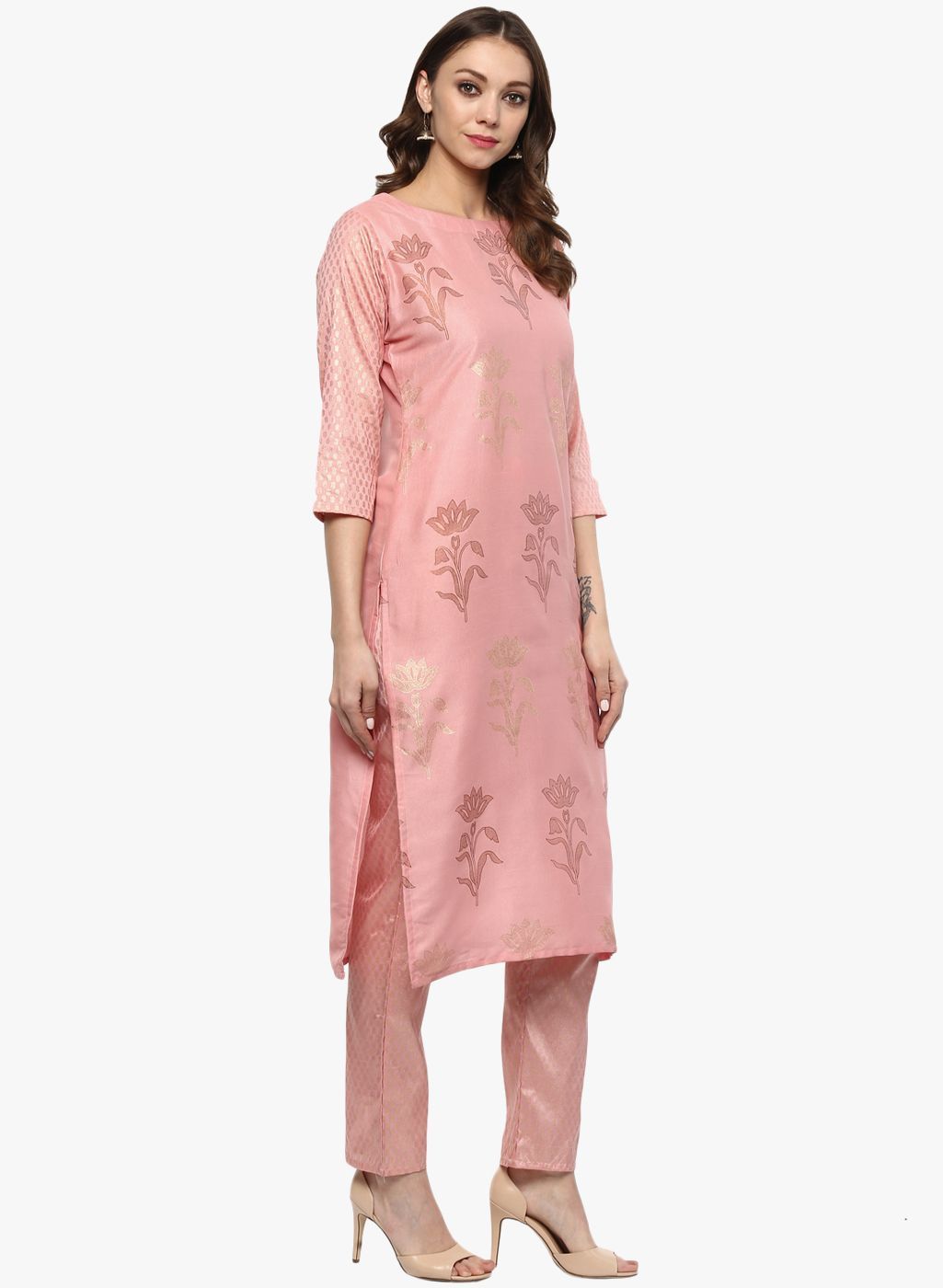 Women Pink Silk Printed Kurta & Pant Set by Ziyaa (2 Pc Set)