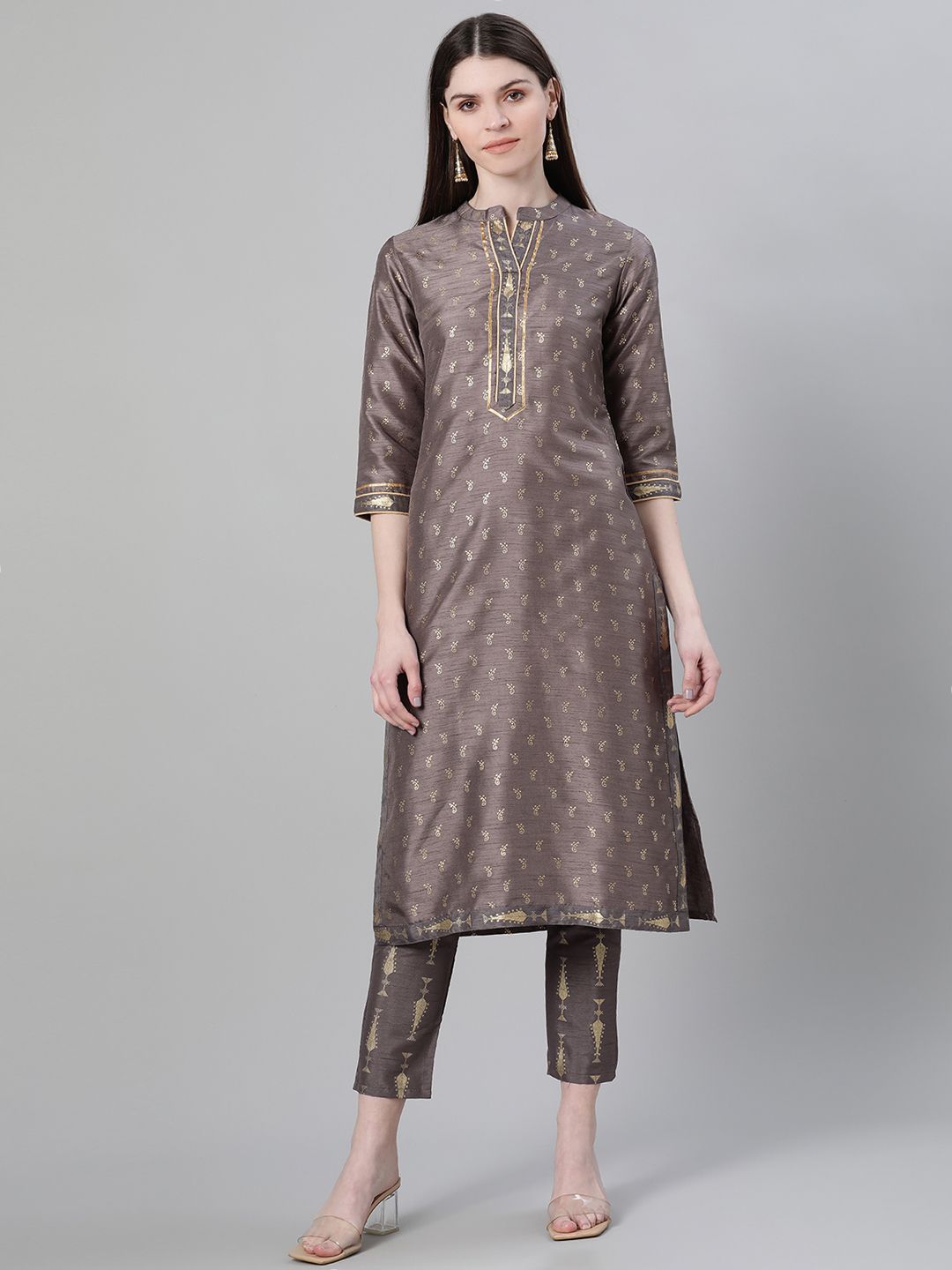 Women's Grey Color Foil Print Straight Kurta And Pant Set by Ziyaa (2pc Set)