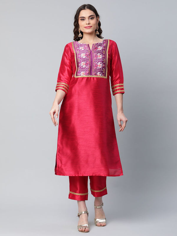 Red Art Silk Printed Kurta Pant Set