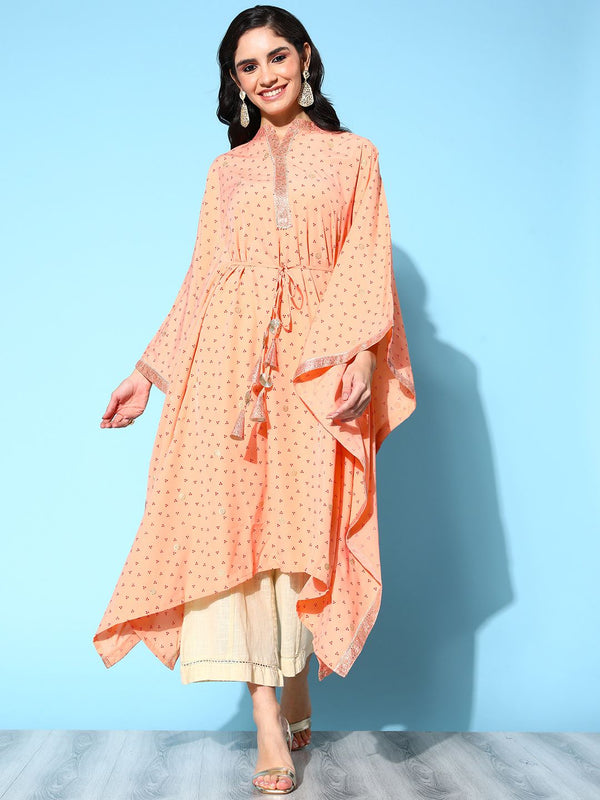 Peach Bandhani Printed Kaftan Kurta