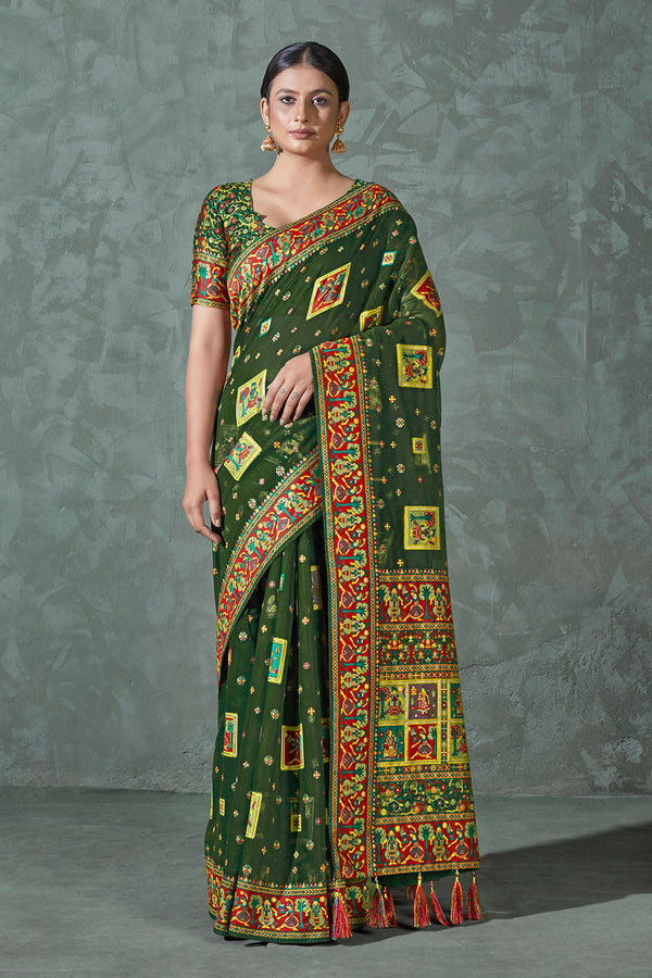 Women's Dark Green Color Cotton Work Silk Zari Work Saree - Monjolika