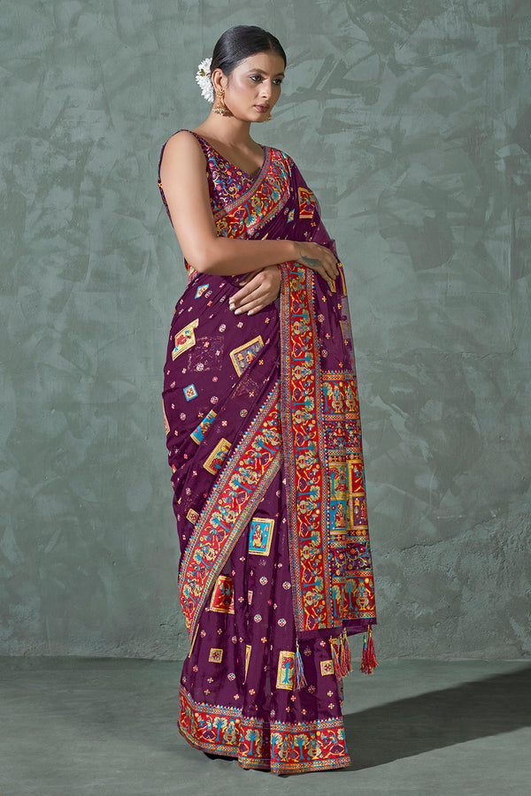 Women's Purple Color Cotton Work Silk Zari Work Saree - Monjolika