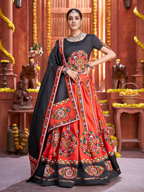 Women's Red Art Silk Gamthi Work Designer Lehenga - Myracouture