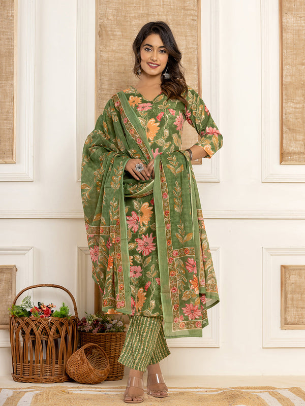 Cotton Green Kurta Dupatta Set-Indiakreations-JS7012SKDGRS