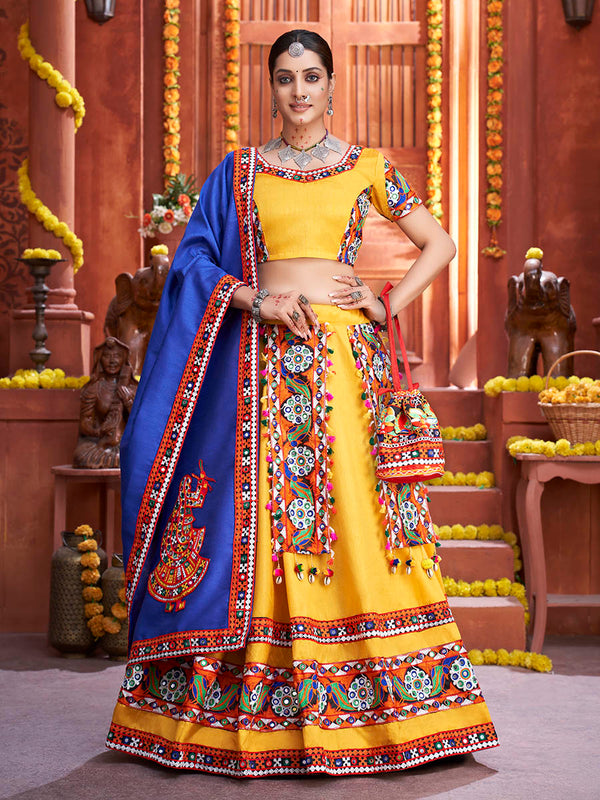 Women's Yellow Art Silk Gamthi Work Designer Lehenga - Myracouture