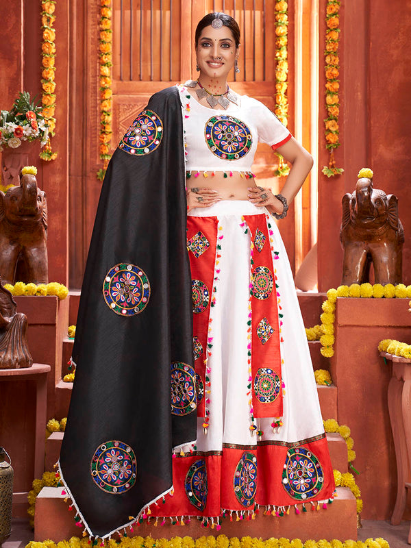 Women's White Art Silk Gamthi Work Designer Lehenga - Myracouture