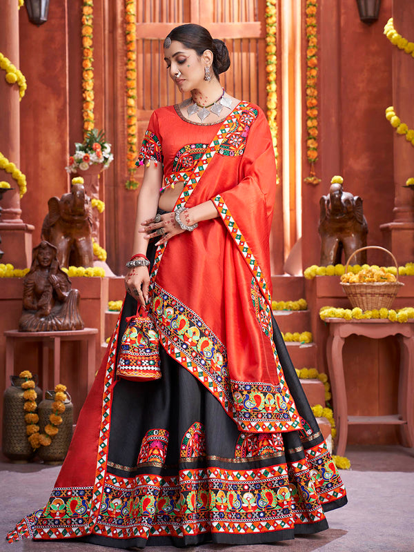 Women's Black Art Silk Gamthi Work Designer Lehenga - Myracouture