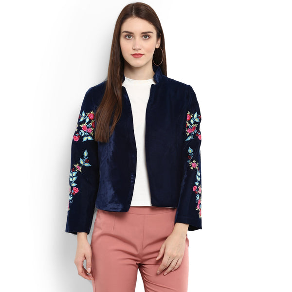 Women's Solid Embroidered Front Open Blazer - Pannkh