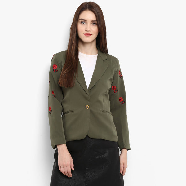 Women's Pastel Solid Collared Blazer With Embroidery - Pannkh