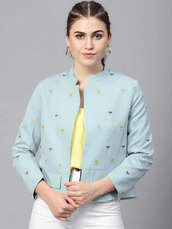 Women's Pastel Solid Fake Pocket Embroidered Blazer - Pannkh