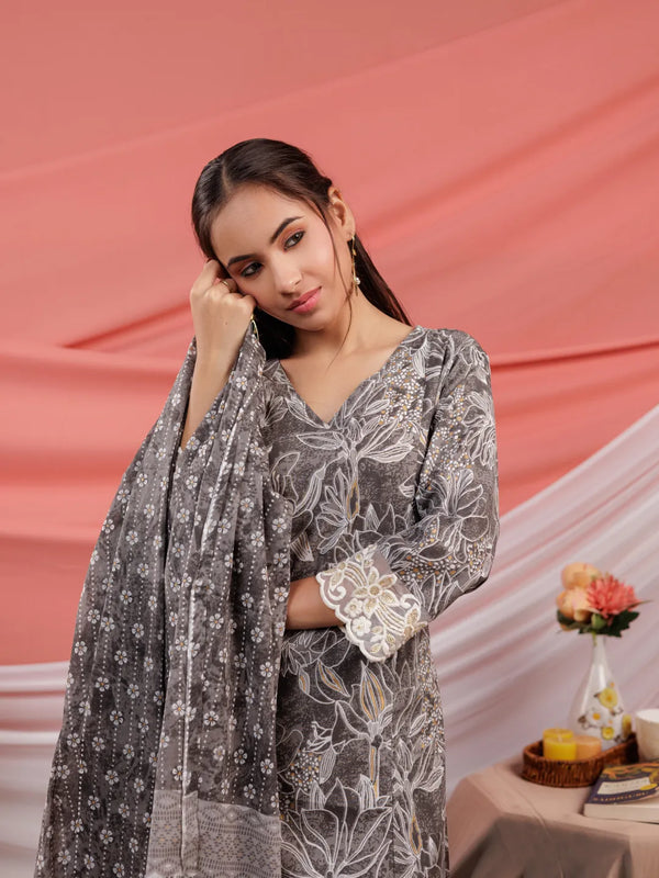 Grey Floral Print Cotton Straight Kurta Trouser Dupatta Set