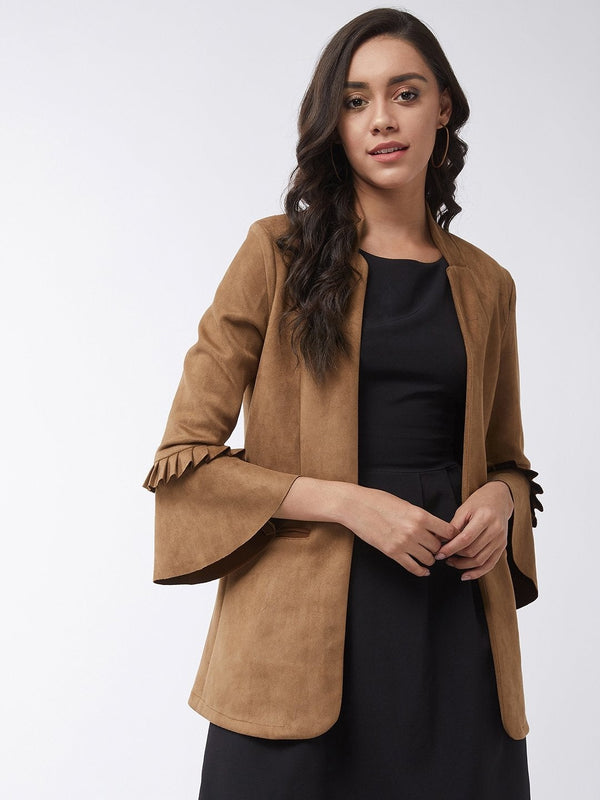 Women's Solid Blazer With Ruffle - Pannkh