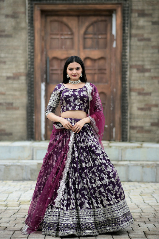 Women's Jacquard Dark Purple Lehenga Set - Aastha Fashion