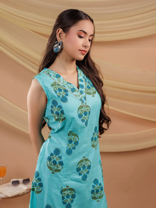 Blue Floral Print Pure Cotton A-Line Kurta Dupatta Set