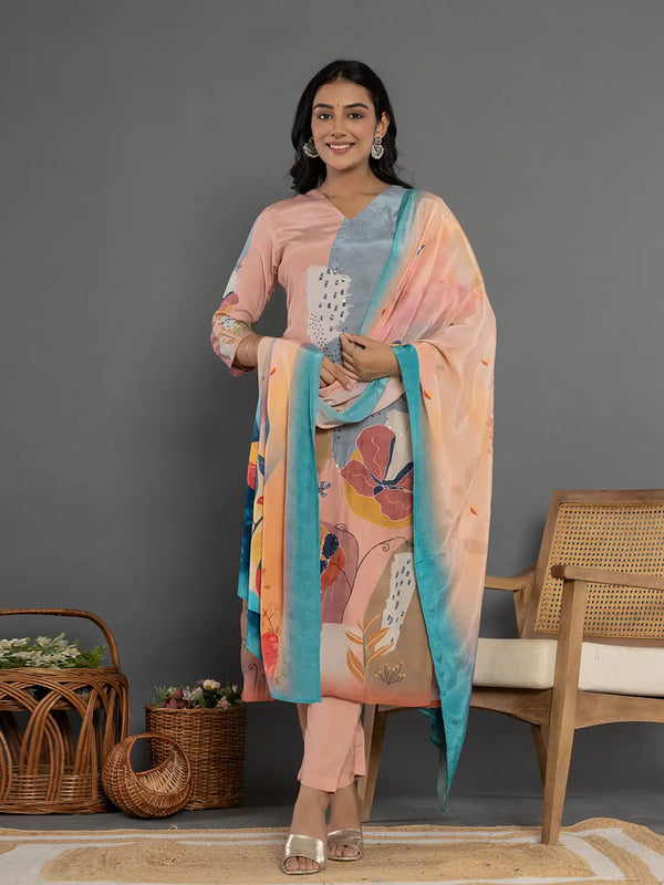 Multi Pure Crepe Placement Print Kurta Dupatta Set