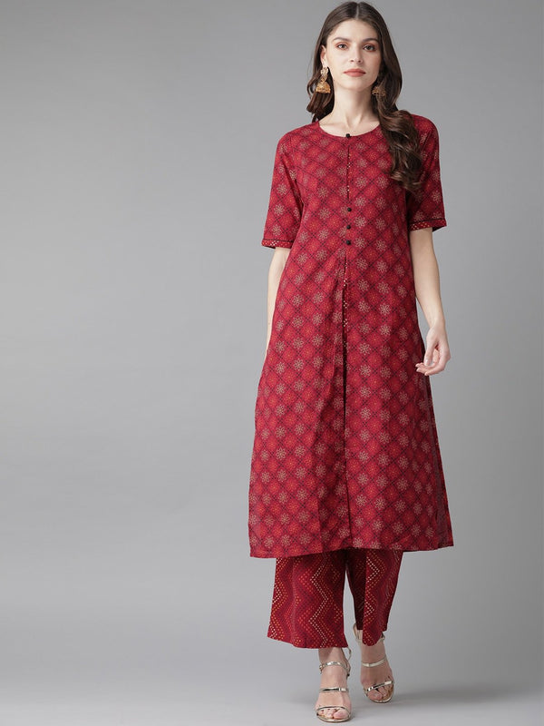 Women's  Maroon & Golden Printed Kurta with Palazzos - AKS