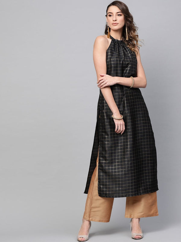 Women's  Black & Golden Checked Straight Kurta - AKS