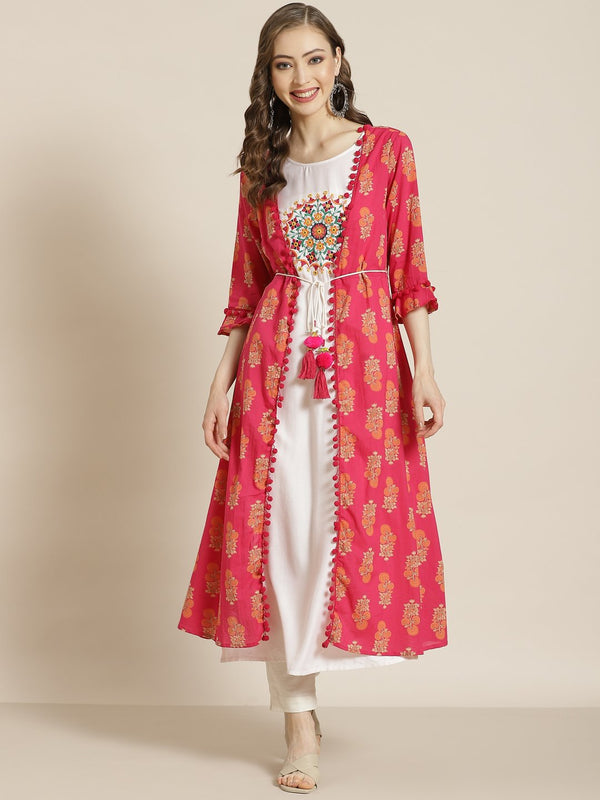 Women's Juniper Fuschia Rayon Embroidered Jacket Style Kurta - Juniper