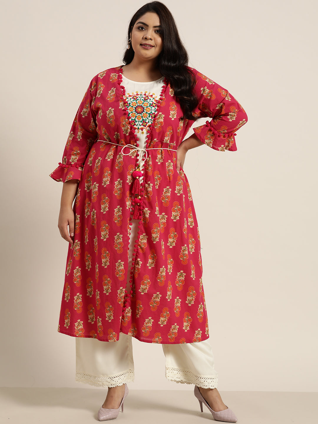 Women's Fuchsia Rayon Embroidered & Printed Flared Kurta - Juniper