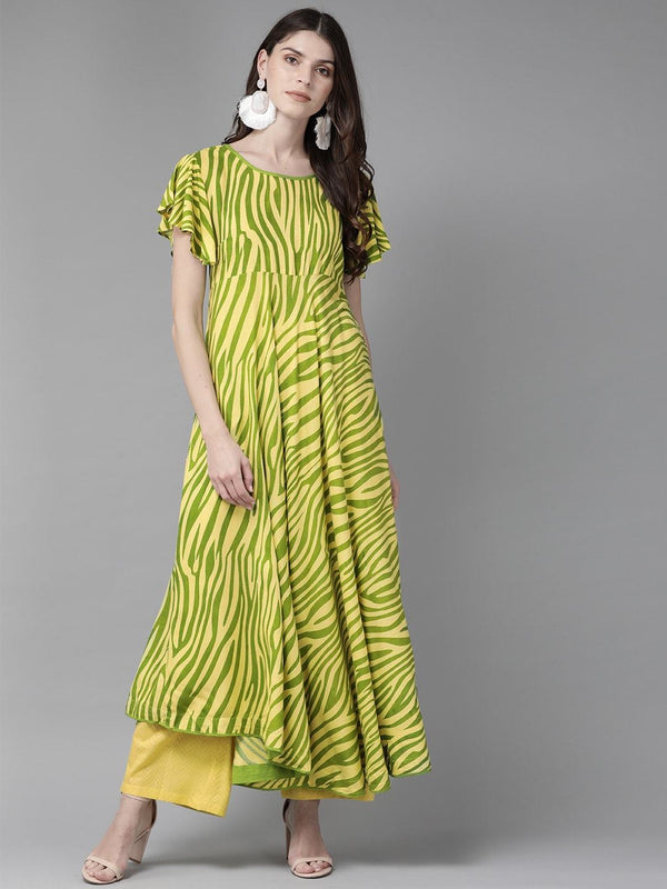 Women's  Yellow & Green Zebra Print Anarkali Kurta - AKS