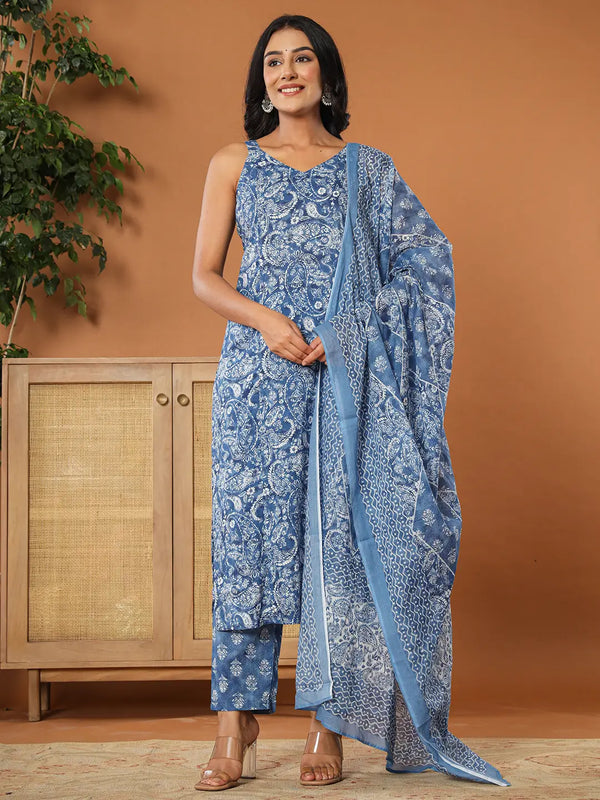 Blue Cotton Strappy Kurta Dupatta Set